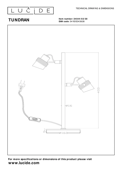 Lucide TUNDRAN - Tafellamp - 2xGU10 - Zwart - technisch